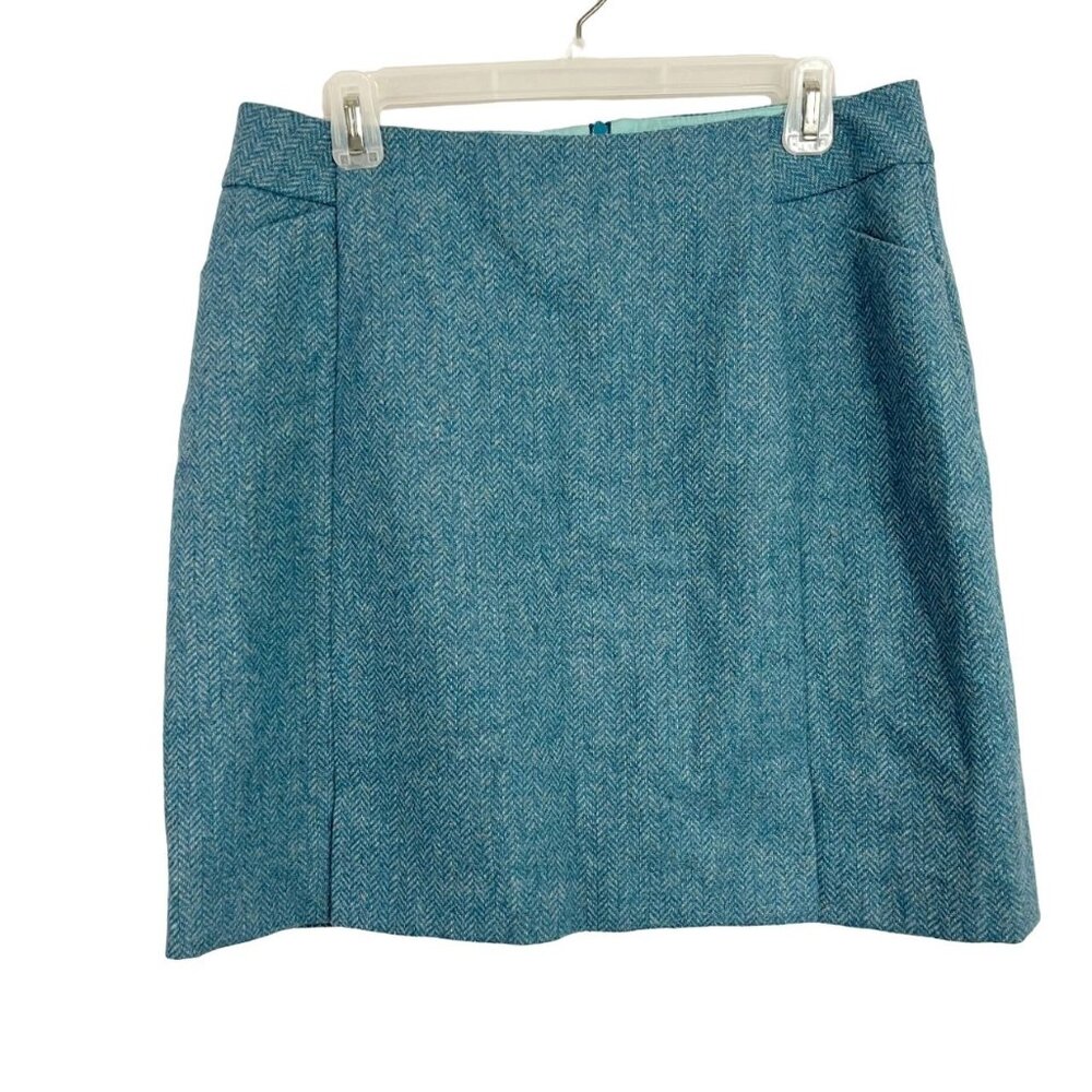 Boden British Tweed Blue Herringbone Pencil Skirt Pockets Wool - Size US 10R